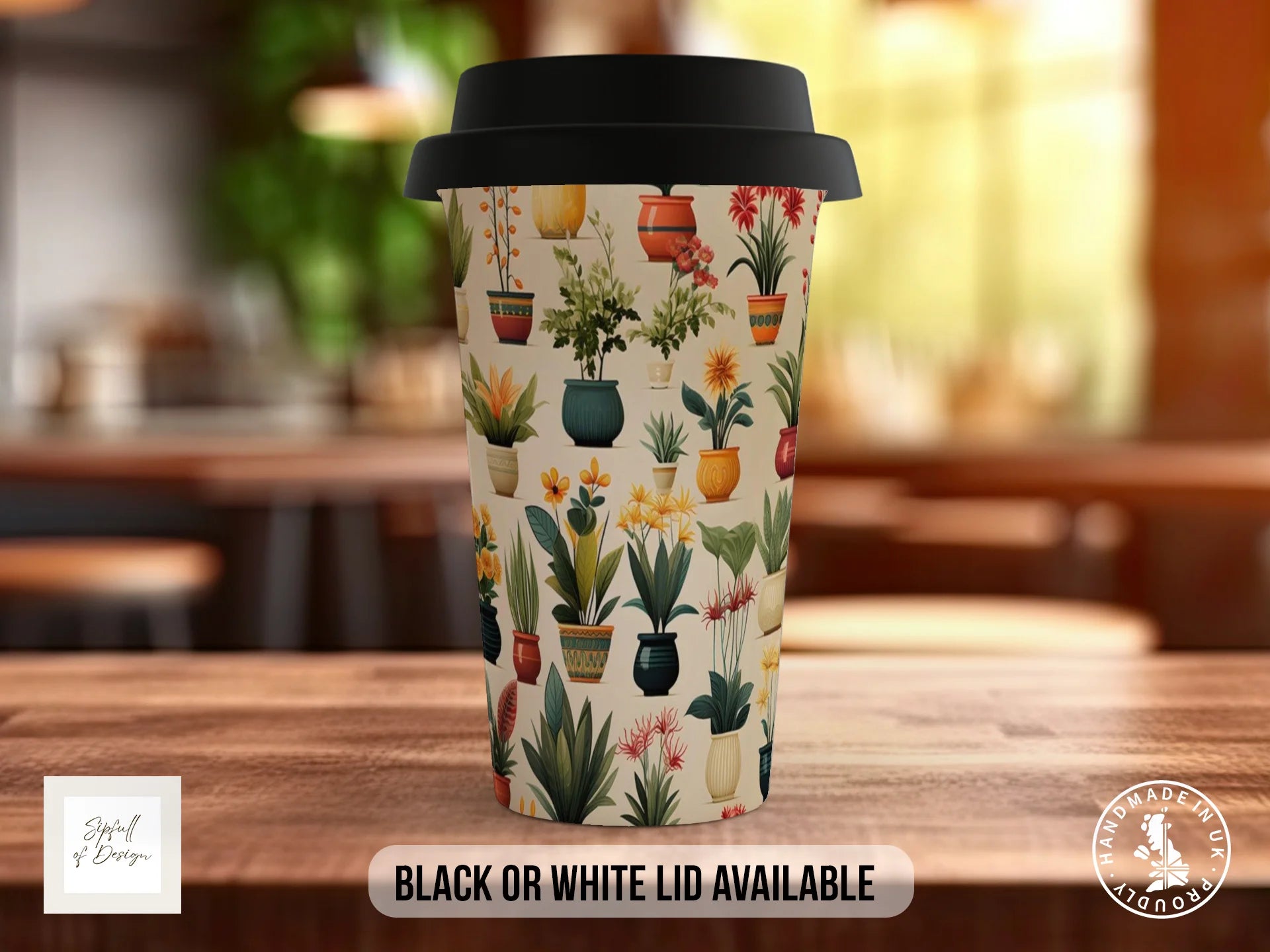 House Plants Full Wrap Mug – Design 8 | Scattered Flowering Plants in Decorative Pots | Art Mug Travel Mug