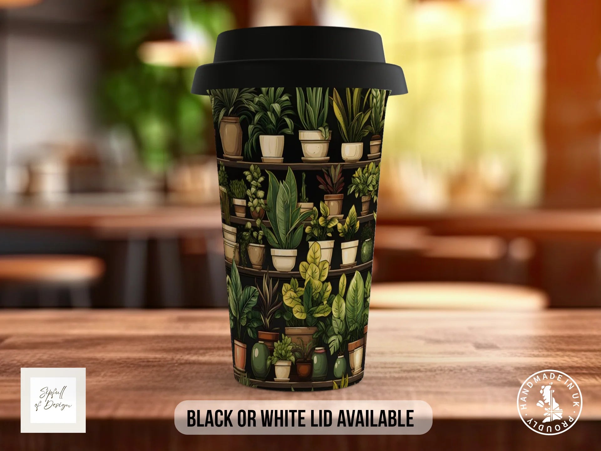 House Plants Full Wrap Mug – Design 16 | Tropical Foliage on Dark Espresso Shelves | Art Mug Travel Mug