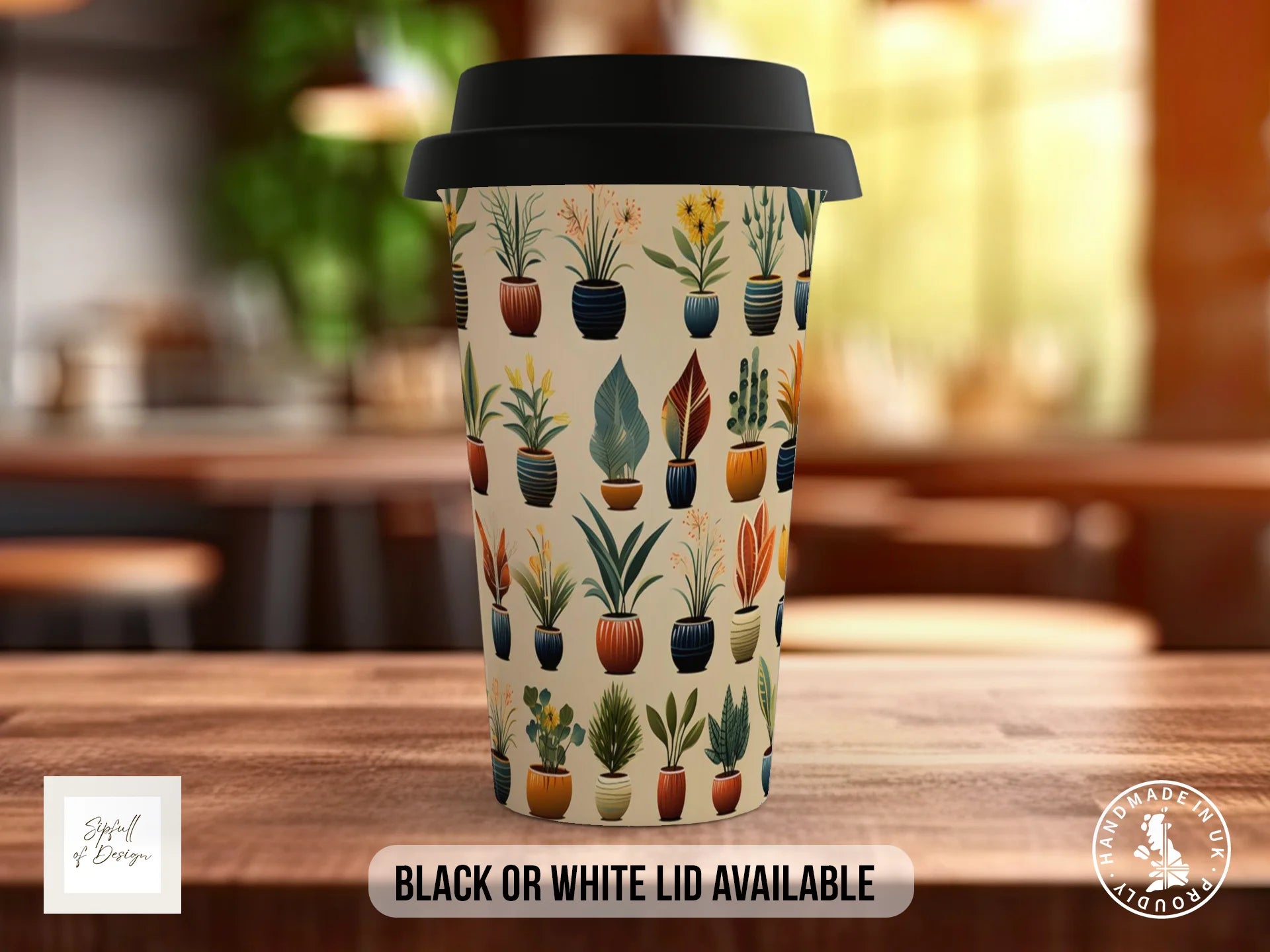 House Plants Full Wrap Mug – Design 4 | Mid-Century Potted Plants on Sandy Cream | Art Mug Travel Mug