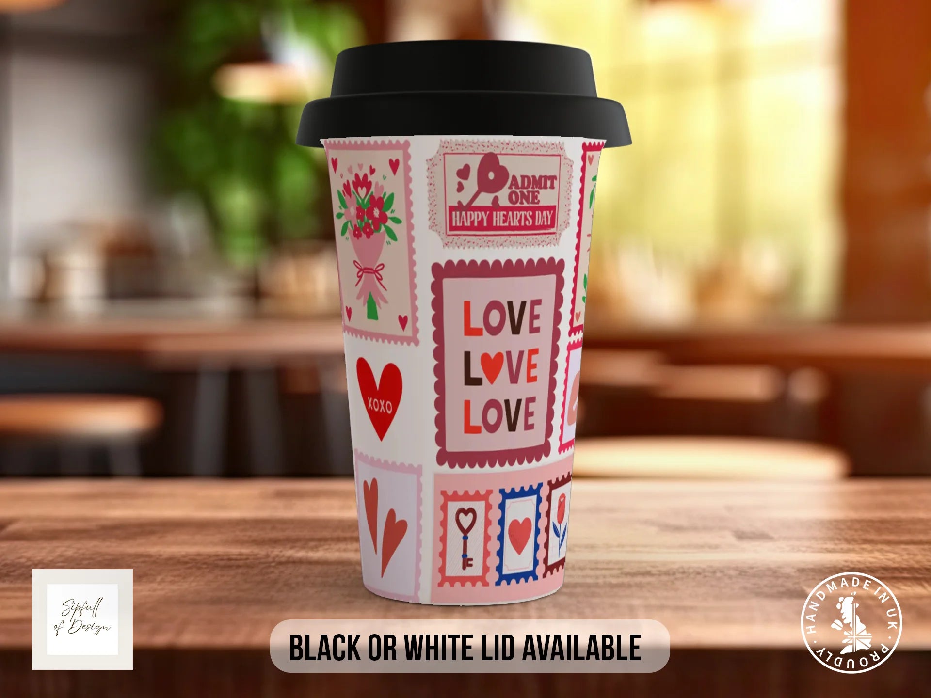 Love Love Love Mug | Vintage Valentine's Stamp Design Gift Travel Mug