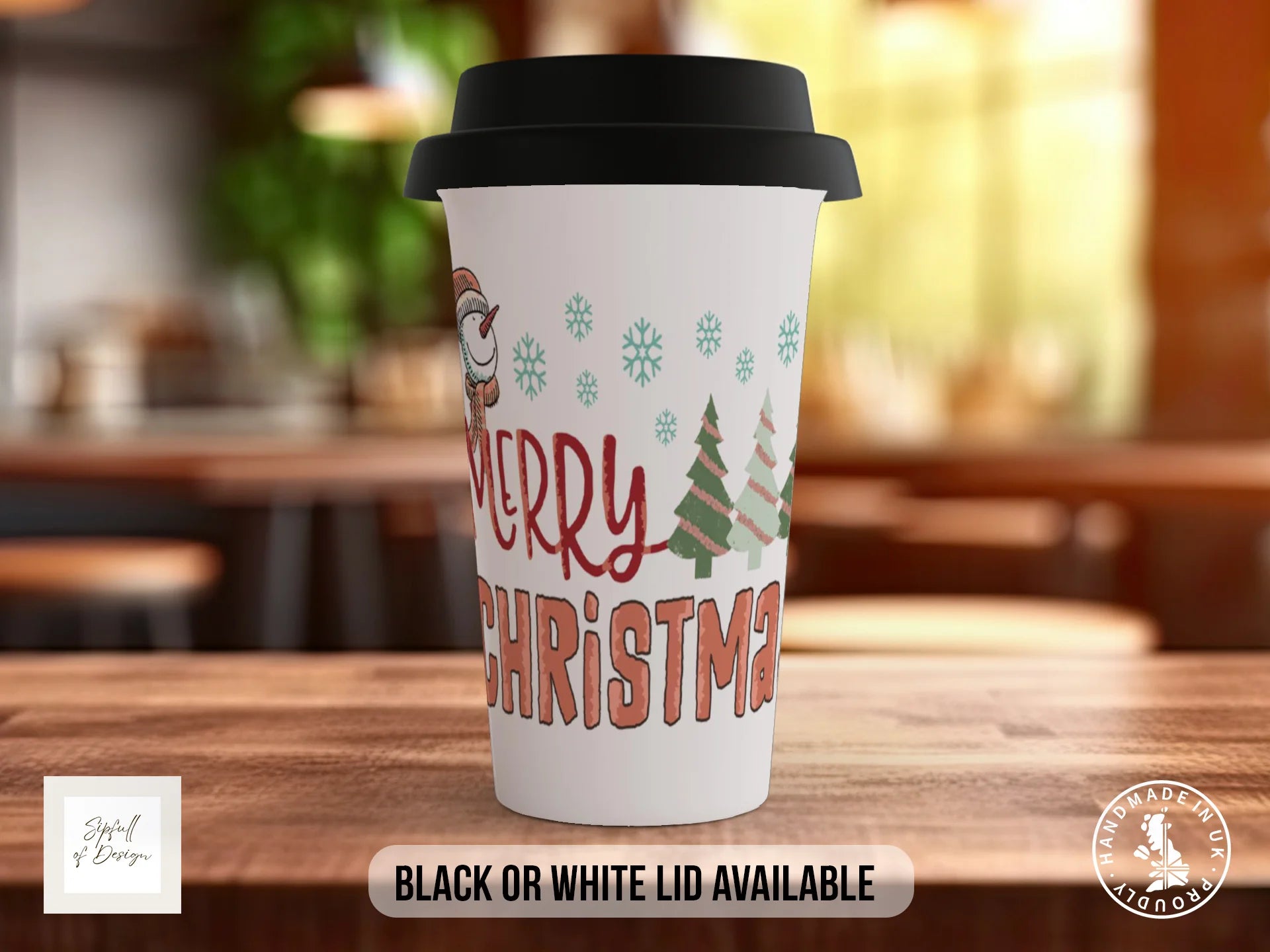 Merry Christmas Mug | Retro Snowman & Striped Tree Design Travel Mug