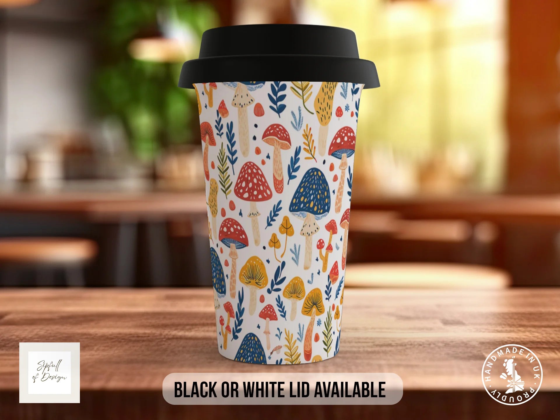 Mushroom Garden Full Wrap Mug – Design 14 | Red & Cobalt Mushroom Fiesta | Nature Art Mug Travel Mug