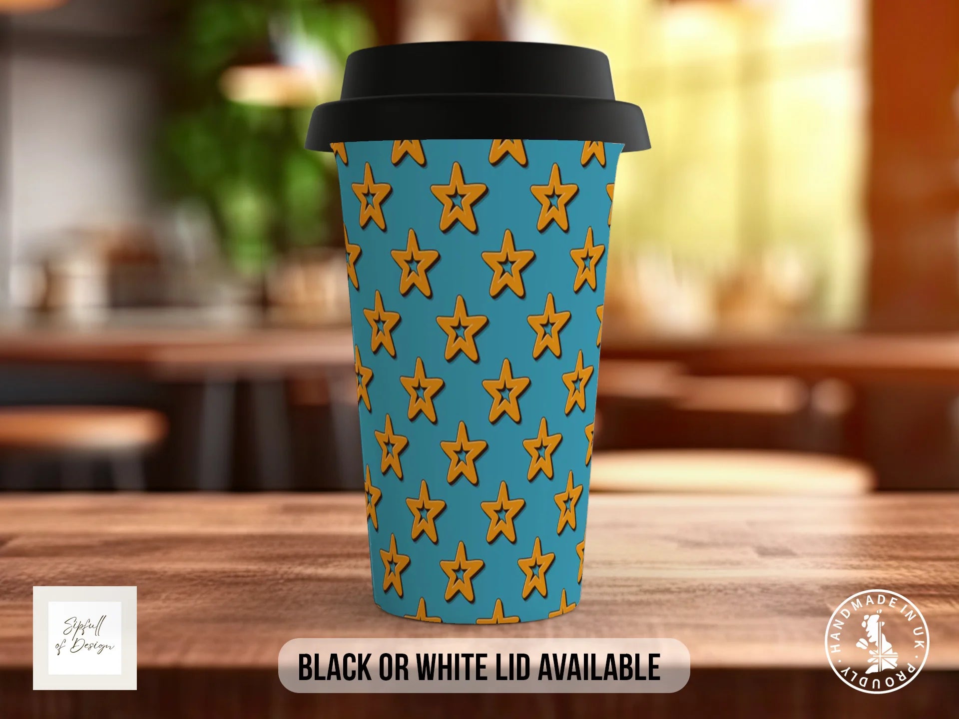 Stars Full Wrap Mug – Design 7 | Golden Retro Stars on Sky Blue | Art Mug Travel Mug