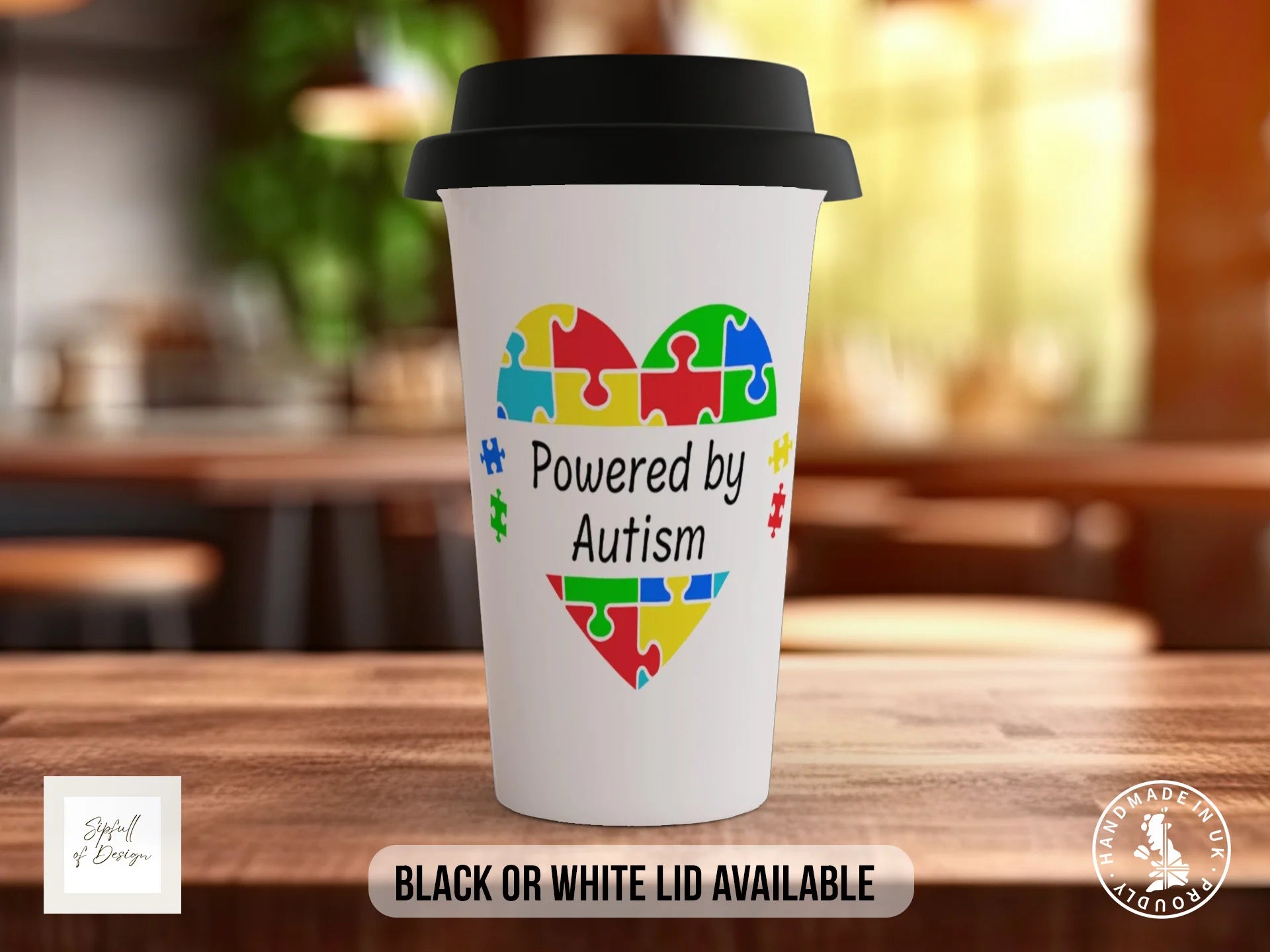 Powered By Autism Mug | Autism Awareness Puzzle Heart Design Travel Mug