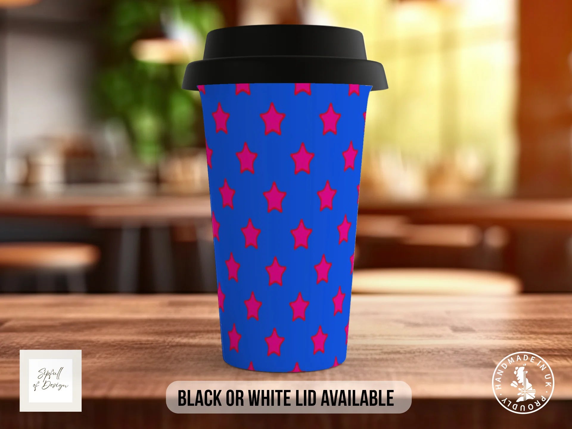 Stars Full Wrap Mug – Design 18 | Hot Pink Stars on Royal Blue | Pop Art Mug Travel Mug