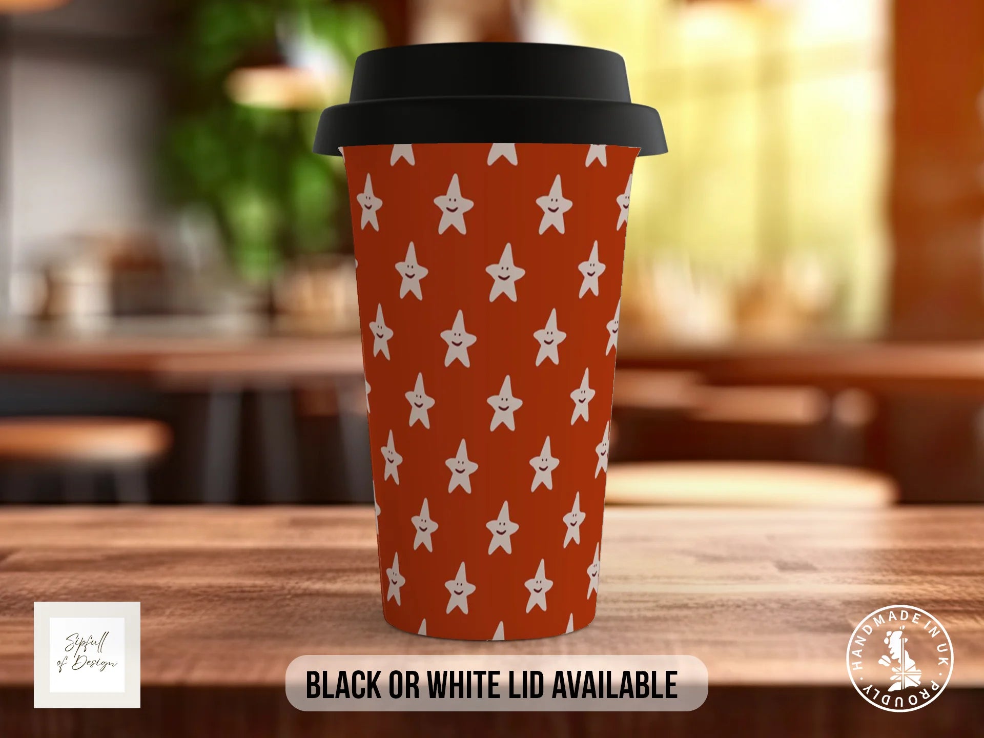 Smiley Stars Full Wrap Mug – Design 2 | Cream Happy Stars on Terracotta | Art Mug Travel Mug