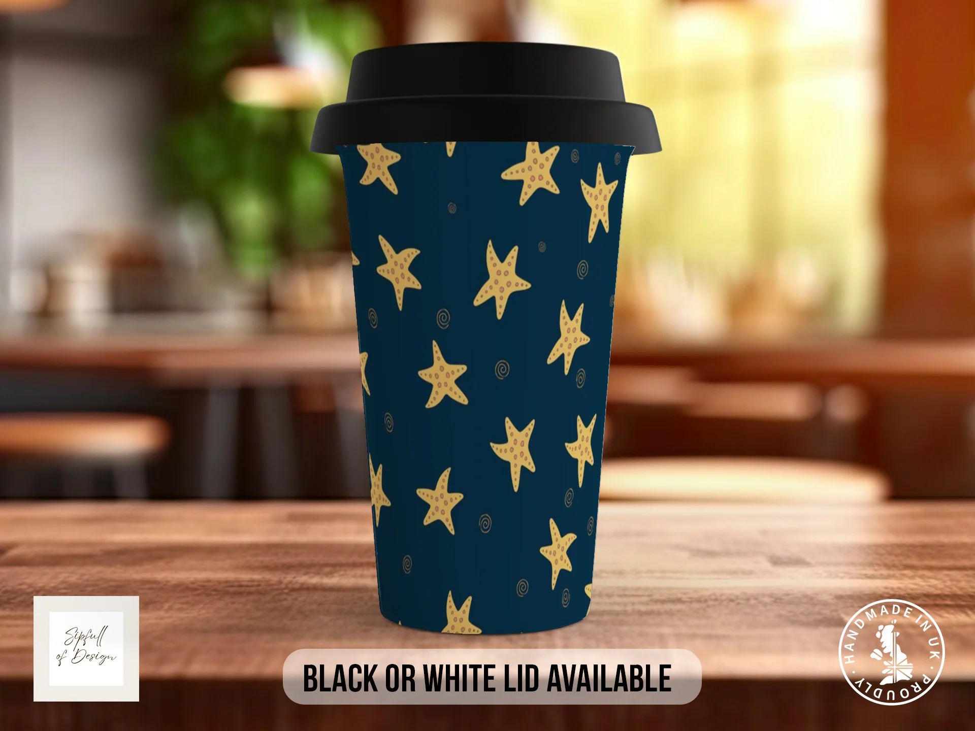 Stars Full Wrap Mug – Design 17 | Golden Starfish on Deep Teal | Coastal Art Mug Travel Mug