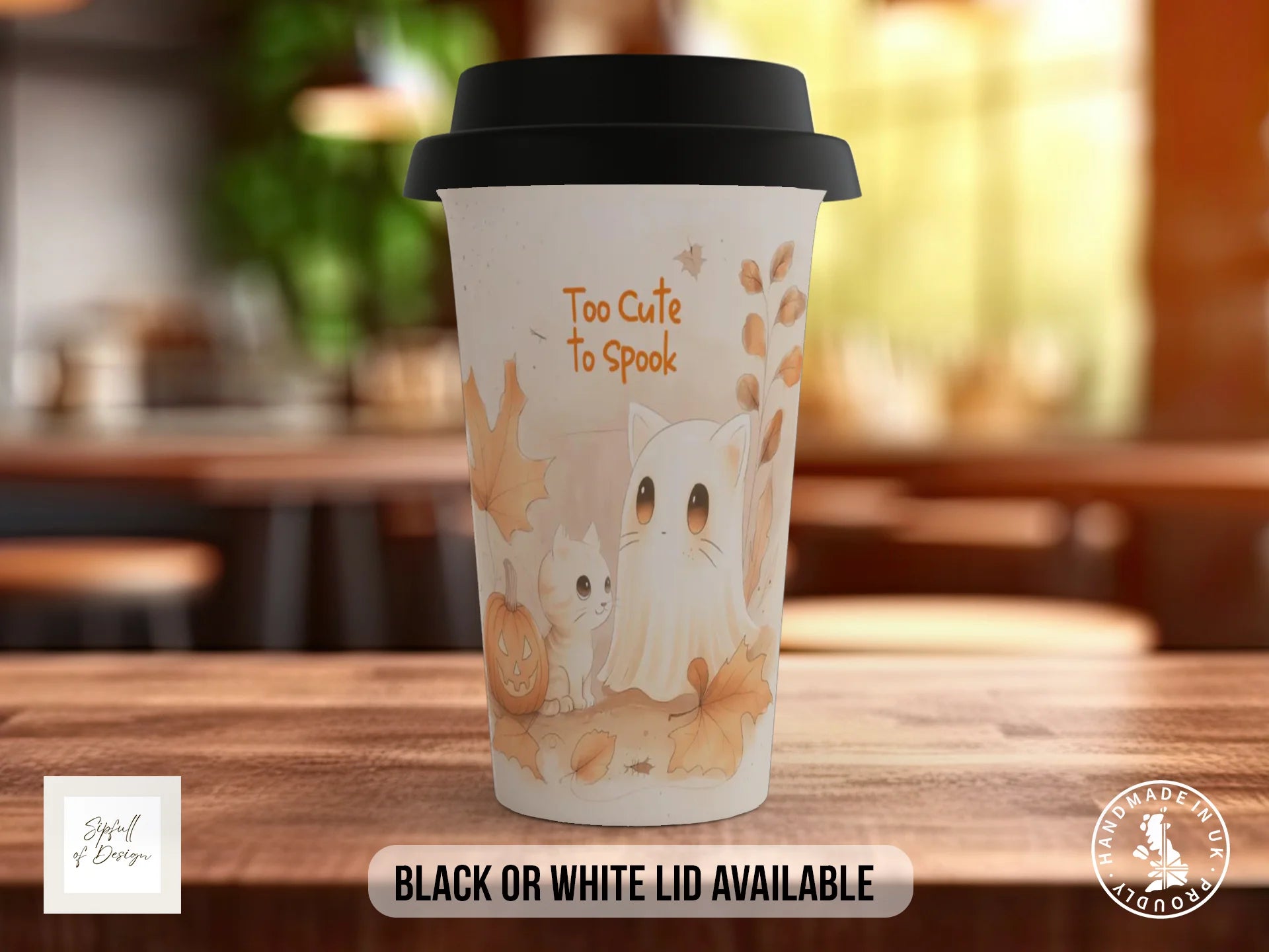 Too Cute to Spook Halloween Mug | Ghost Cat & Kitten Autumn Gift Travel Mug