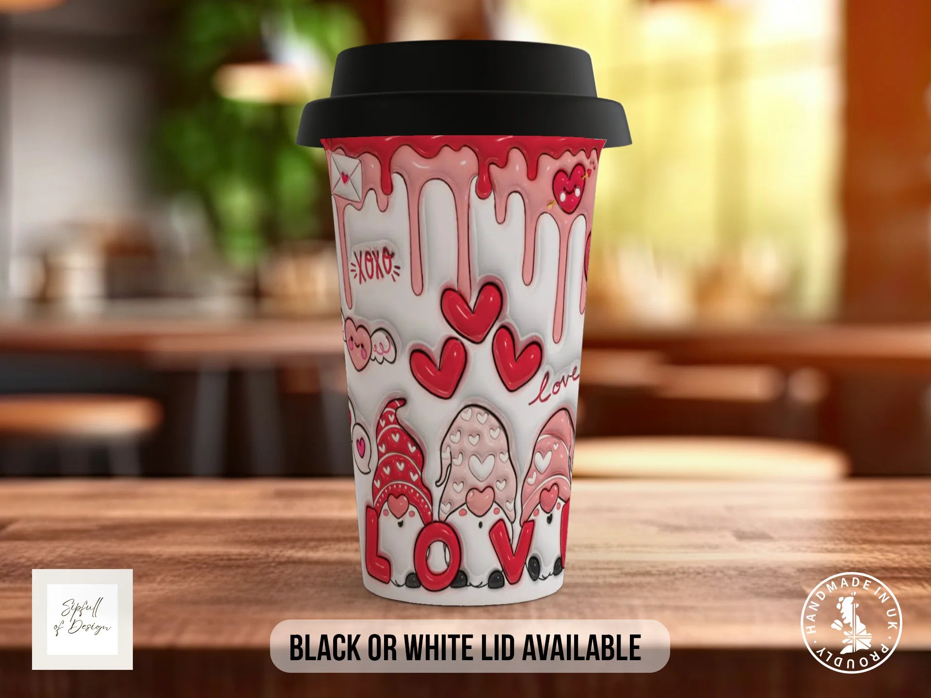 Valentine's Love Gnome Mug | 3D Effect Hearts & LOVE Banner Gift Travel Mug