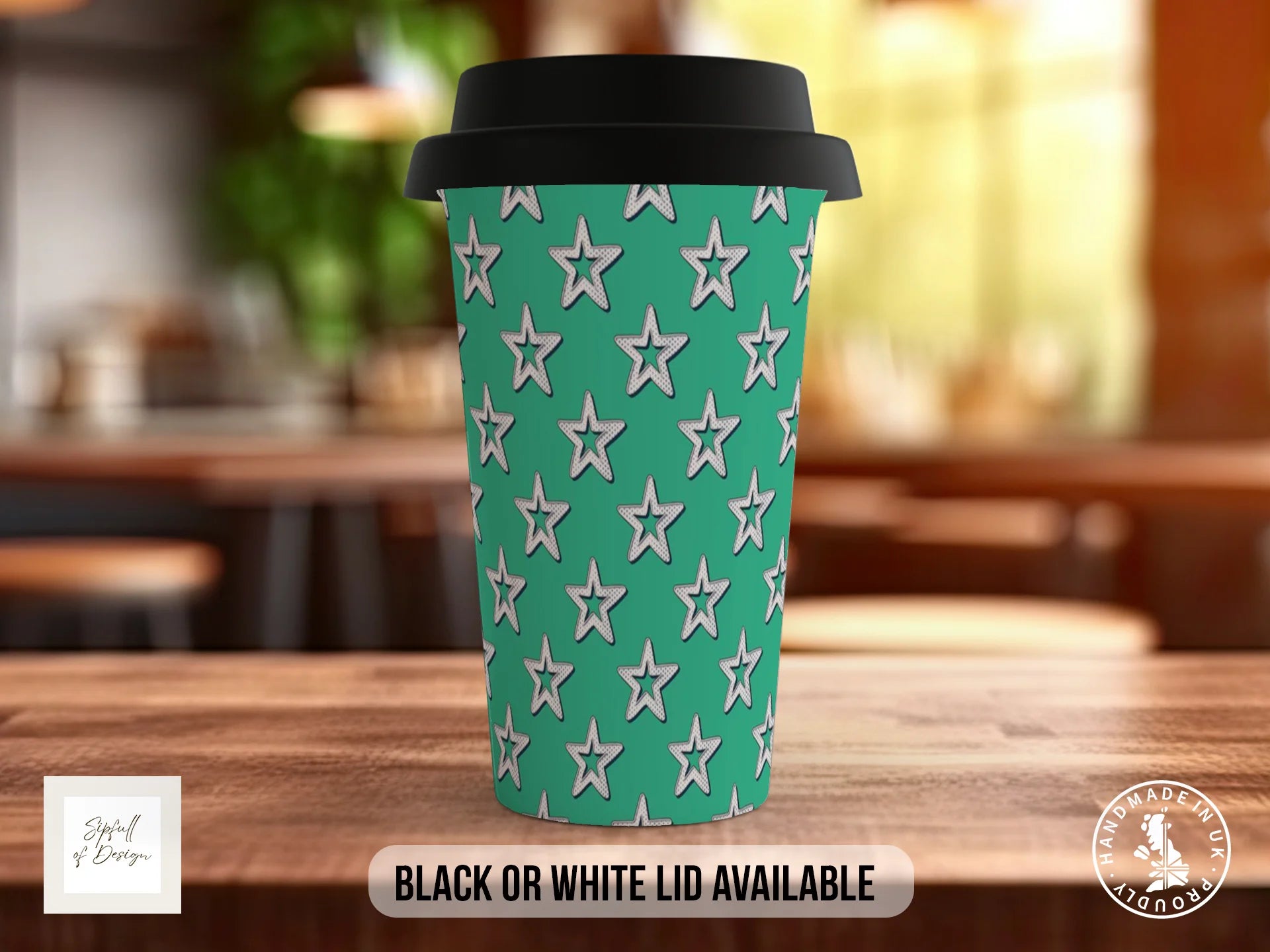 Stars Full Wrap Mug – Design 9 | Retro Varsity Patch Stars on Emerald | Art Mug Travel Mug