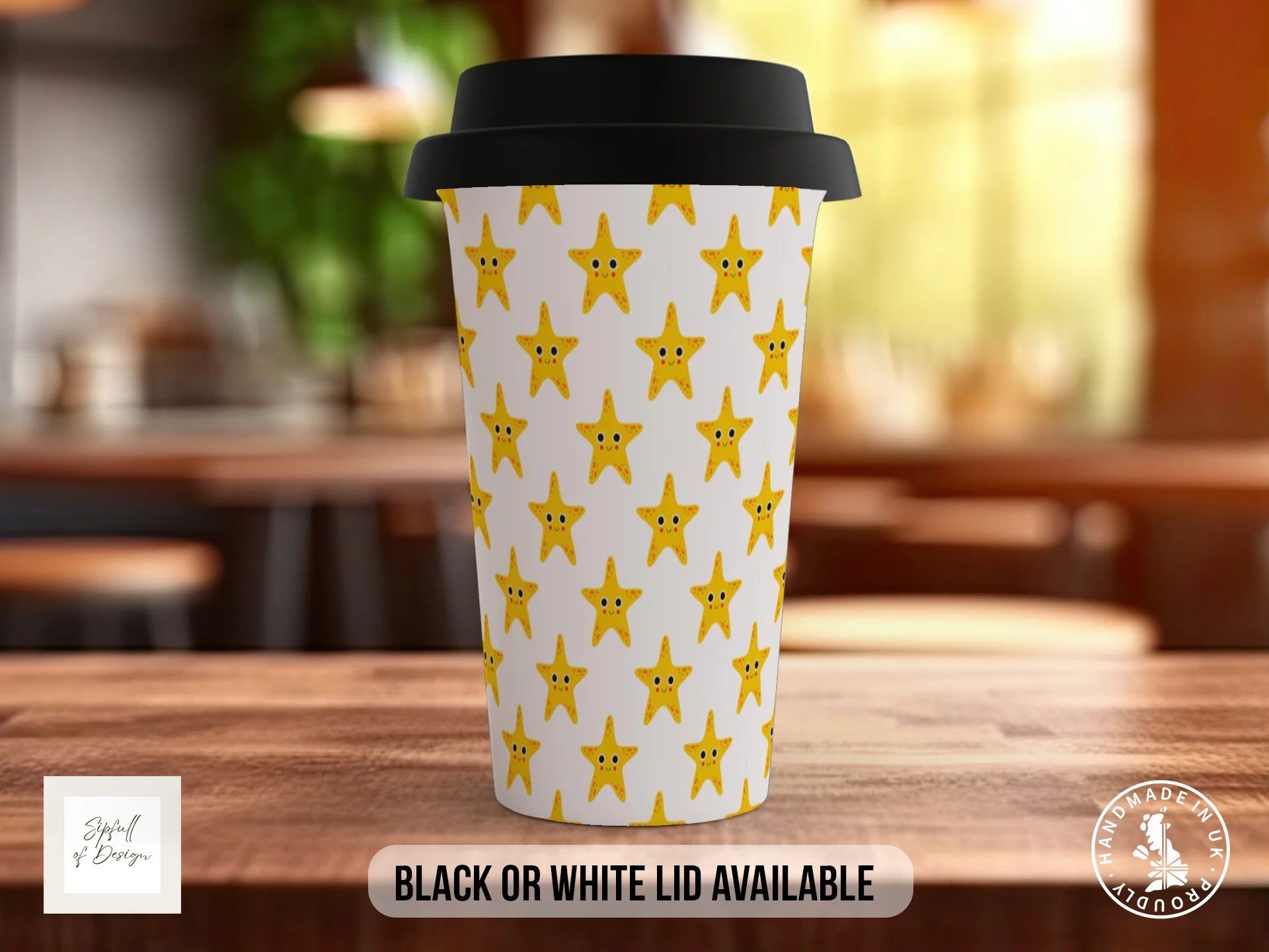 Stars Full Wrap Mug – Design 14 | Golden Kawaii Smiley Stars | Art Mug Travel Mug