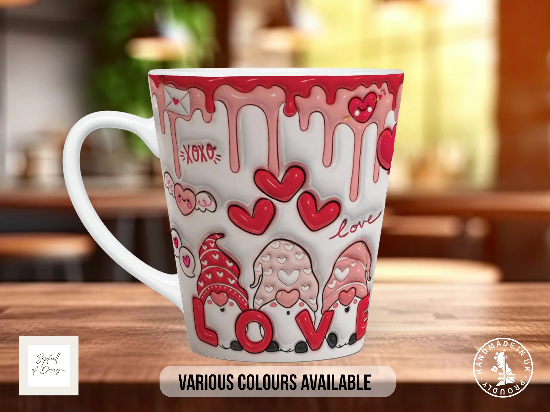 Valentine's Love Gnome Mug | 3D Effect Hearts & LOVE Banner Gift 12oz Latte