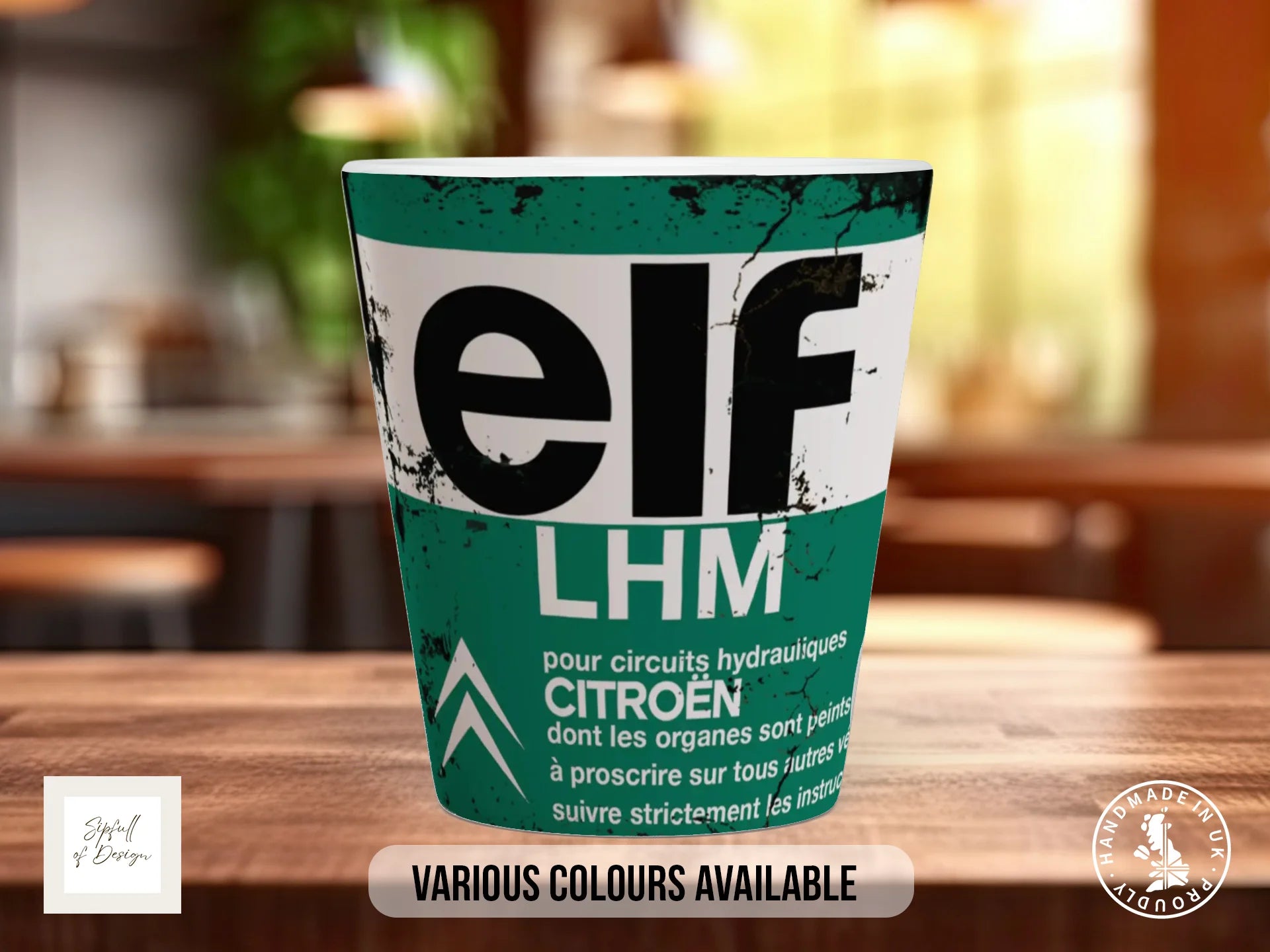 Elf LHM Mug | Vintage Citroën Hydraulic Fluid Gift for Classic Car Fans 12oz Latte