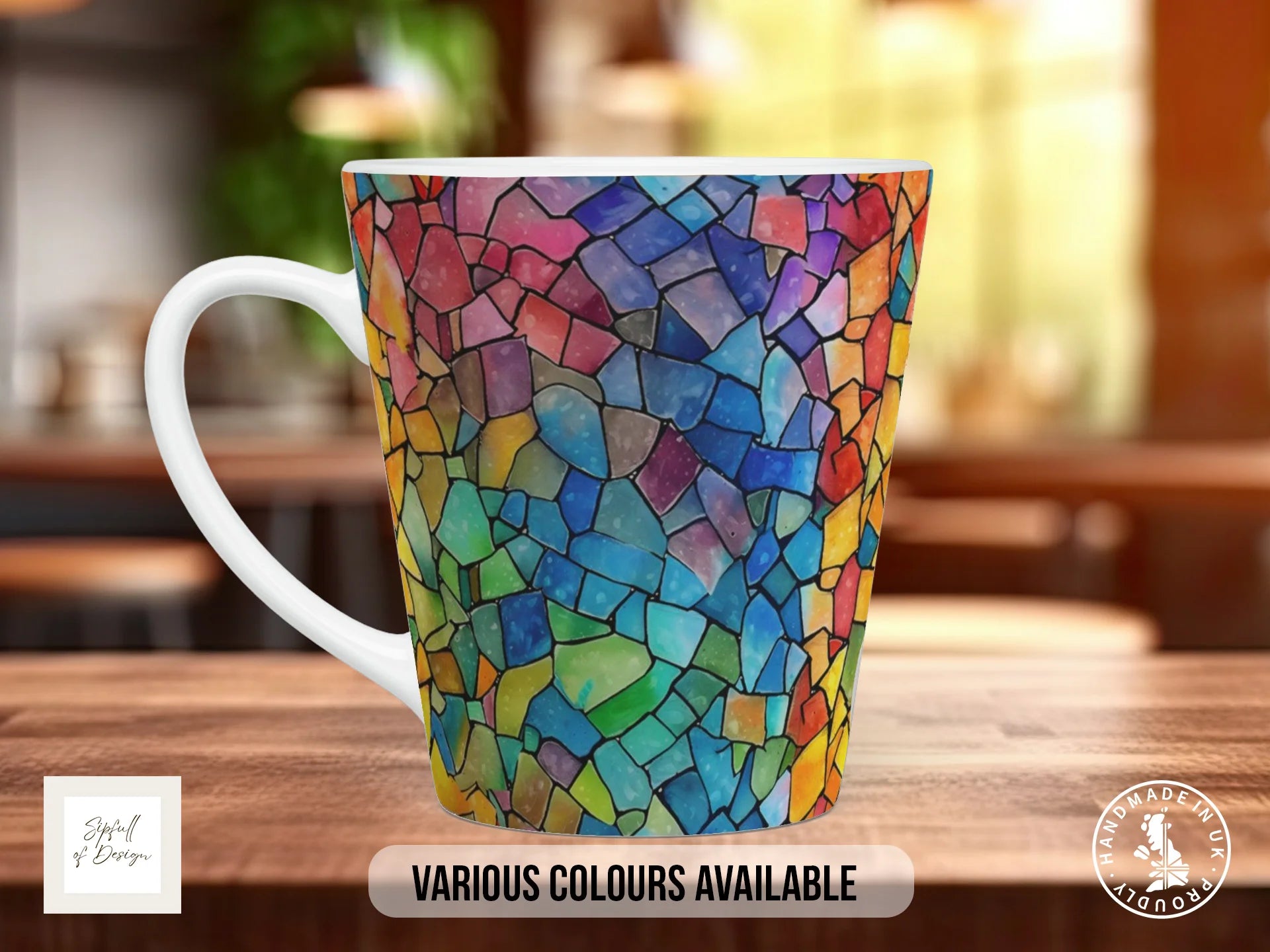 Stained Glass Full Wrap Mug – Design 2 | Rainbow Mosaic Kaleidoscope | Art Mug 12oz Latte