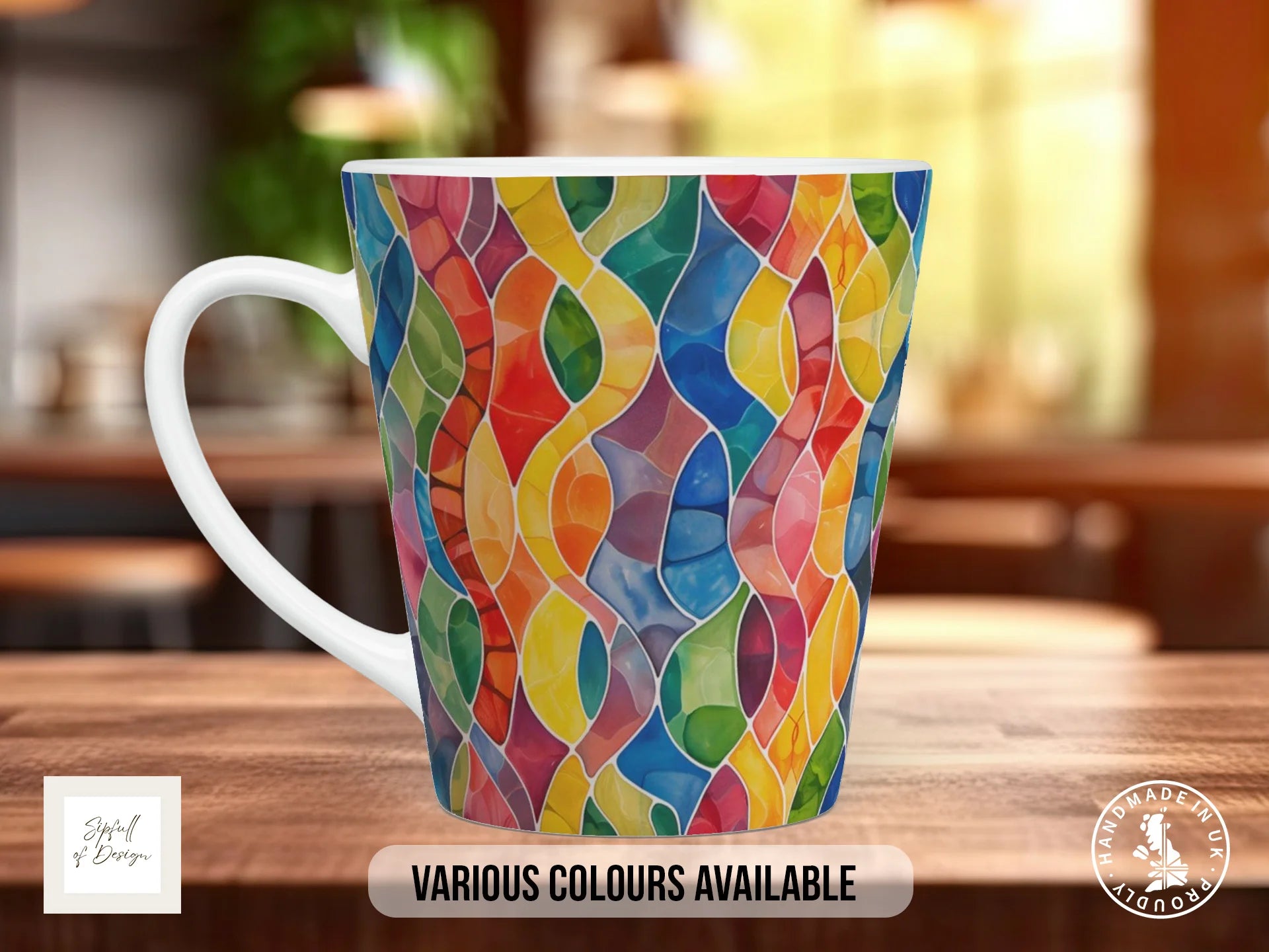 Stained Glass Full Wrap Mug – Design 9 | Golden Ribbon Lattice | Art Mug 12oz Latte