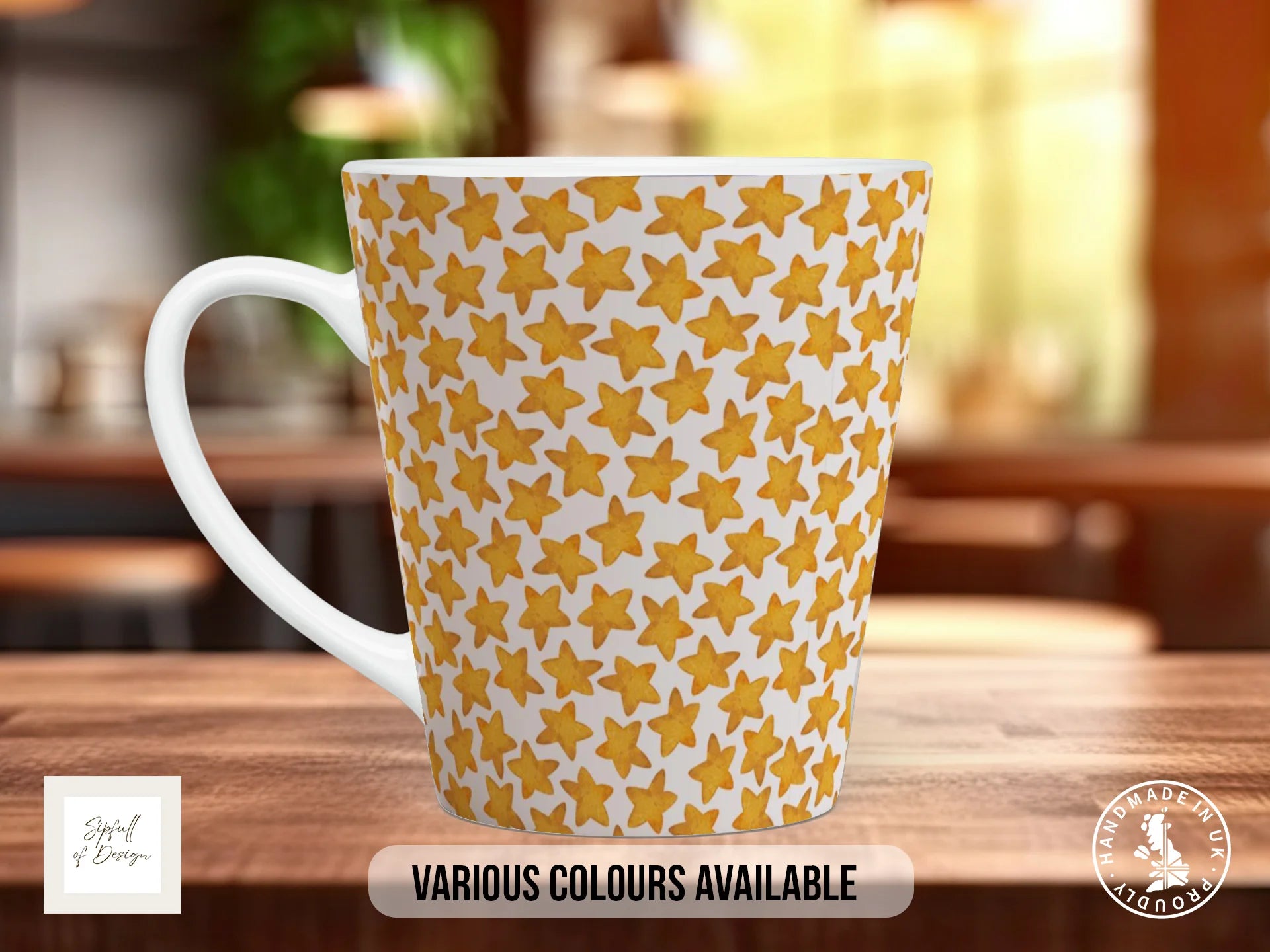Stars Full Wrap Mug – Design 16 | Golden Amber Star Scatter | Art Mug 12oz Latte