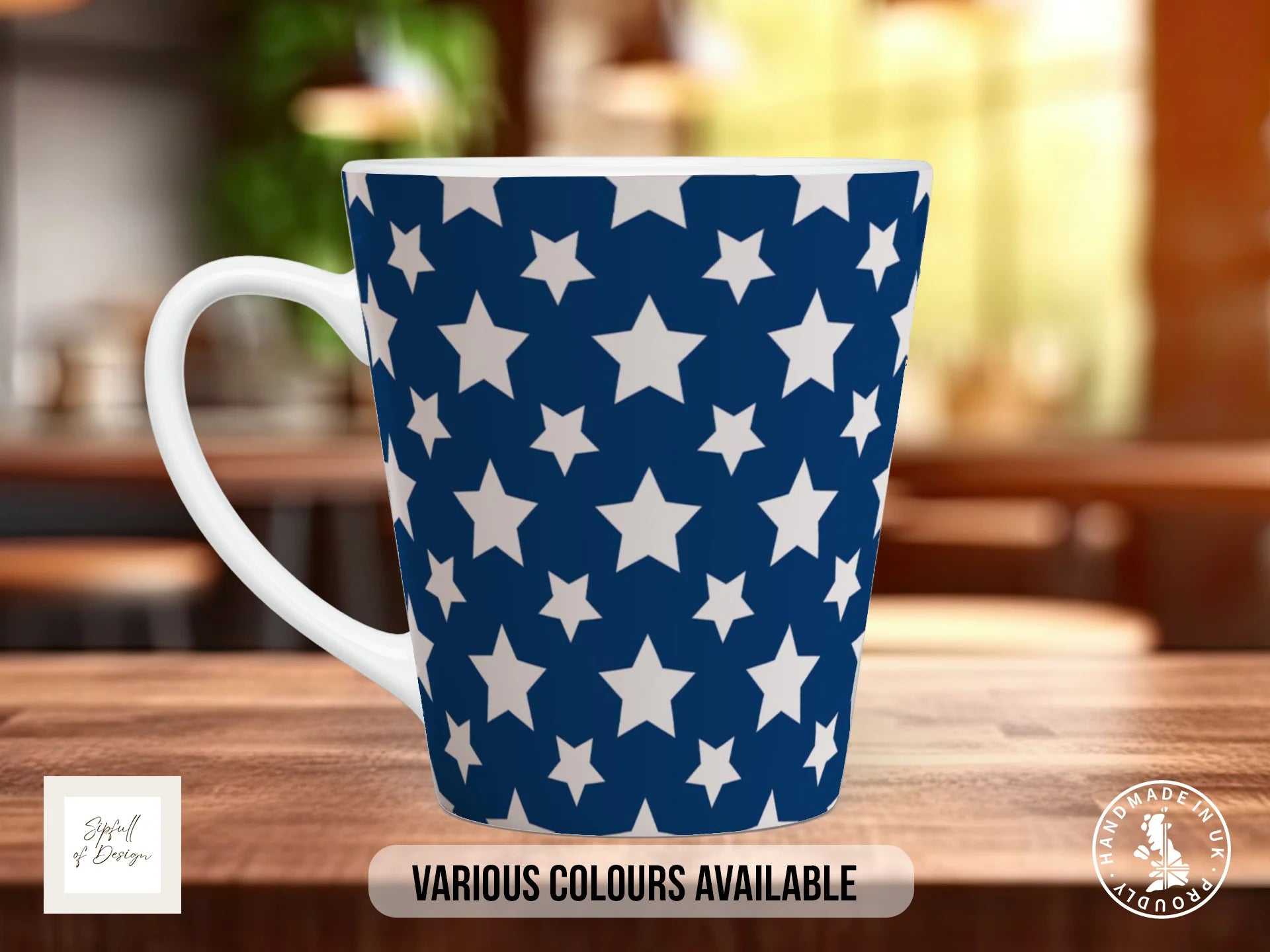 Stars Full Wrap Mug – Design 20 | Classic White Stars on Cobalt Blue | Art Mug 12oz Latte