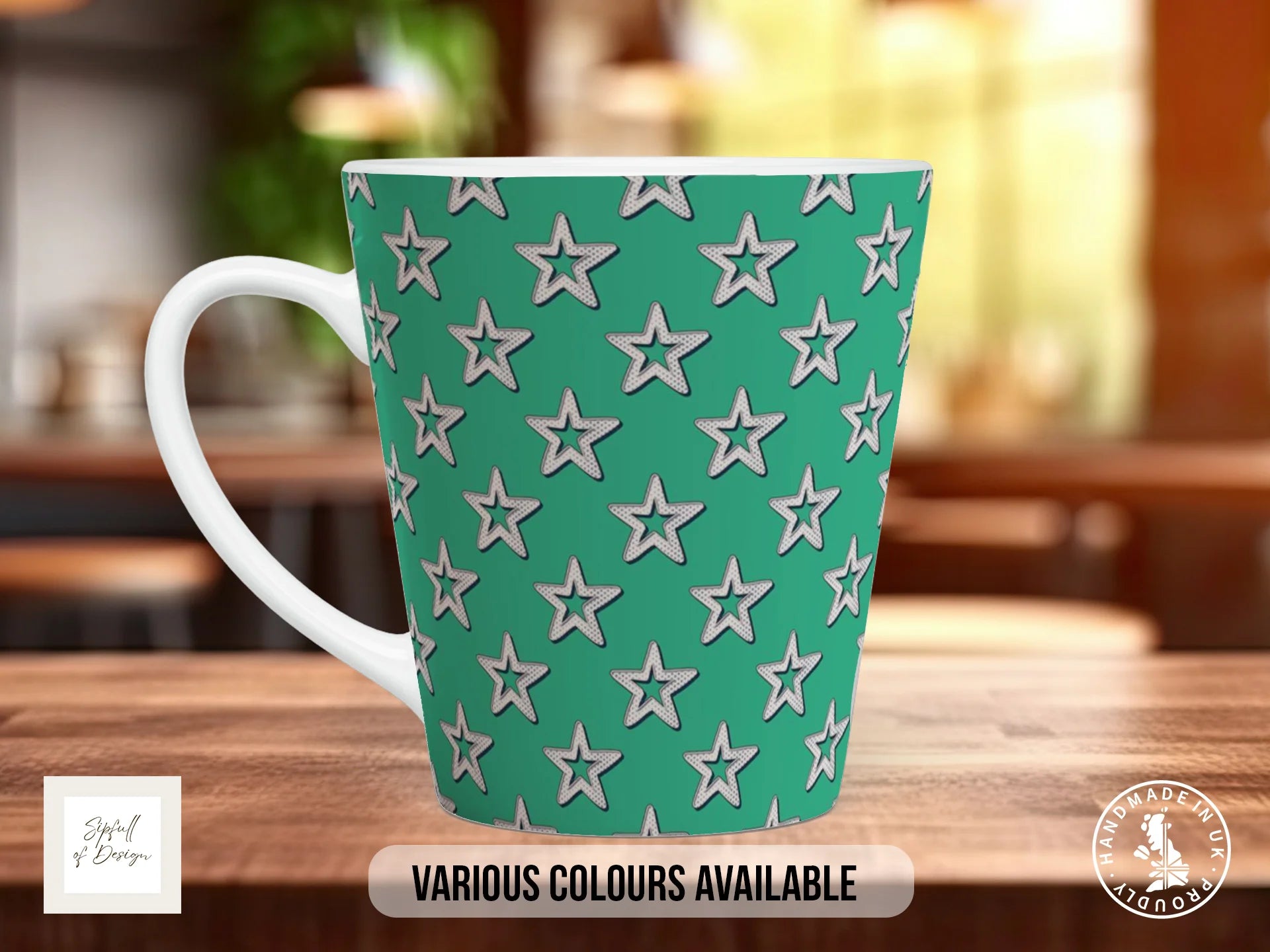 Stars Full Wrap Mug – Design 9 | Retro Varsity Patch Stars on Emerald | Art Mug 12oz Latte