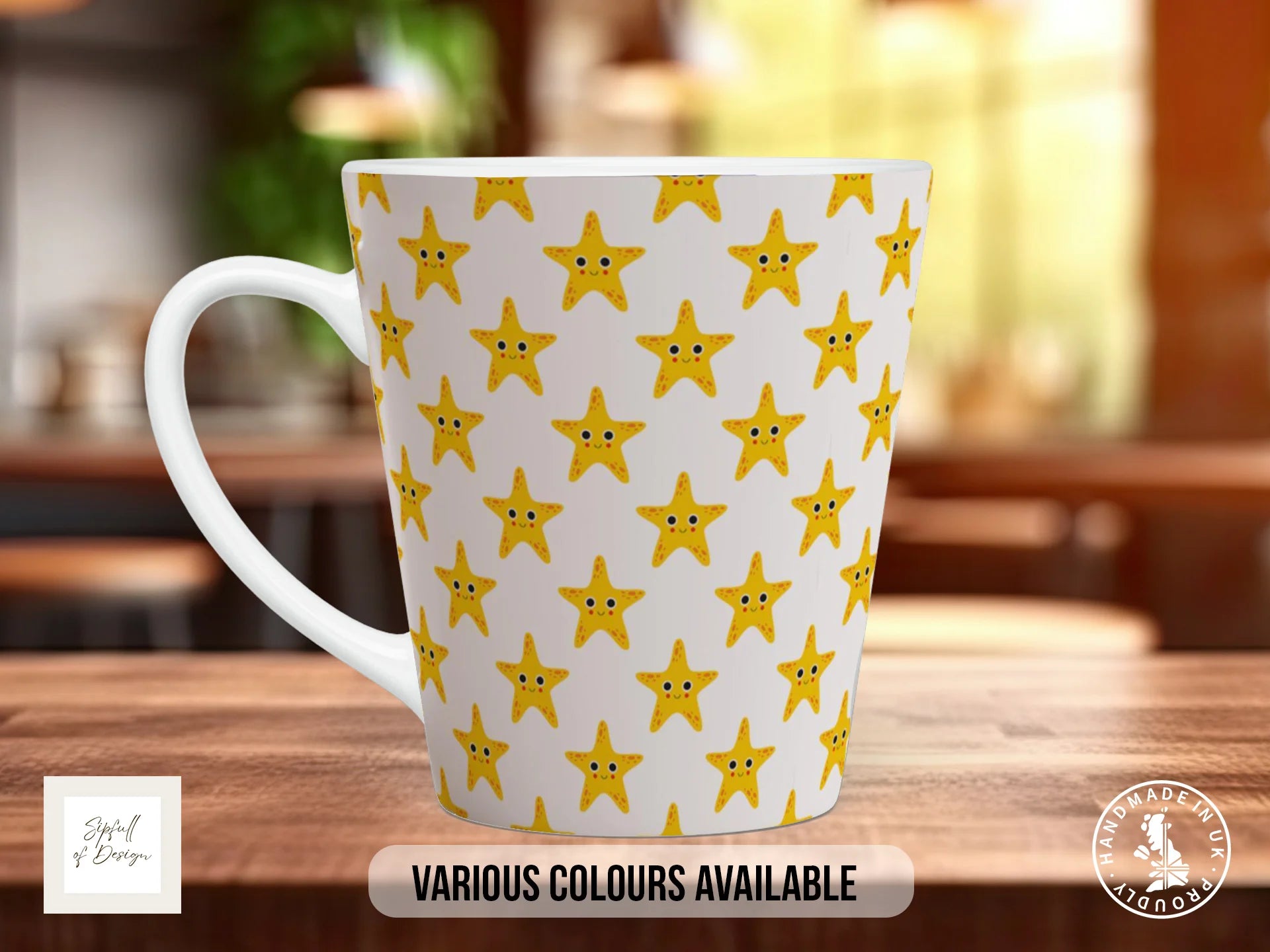 Stars Full Wrap Mug – Design 14 | Golden Kawaii Smiley Stars | Art Mug 12oz Latte