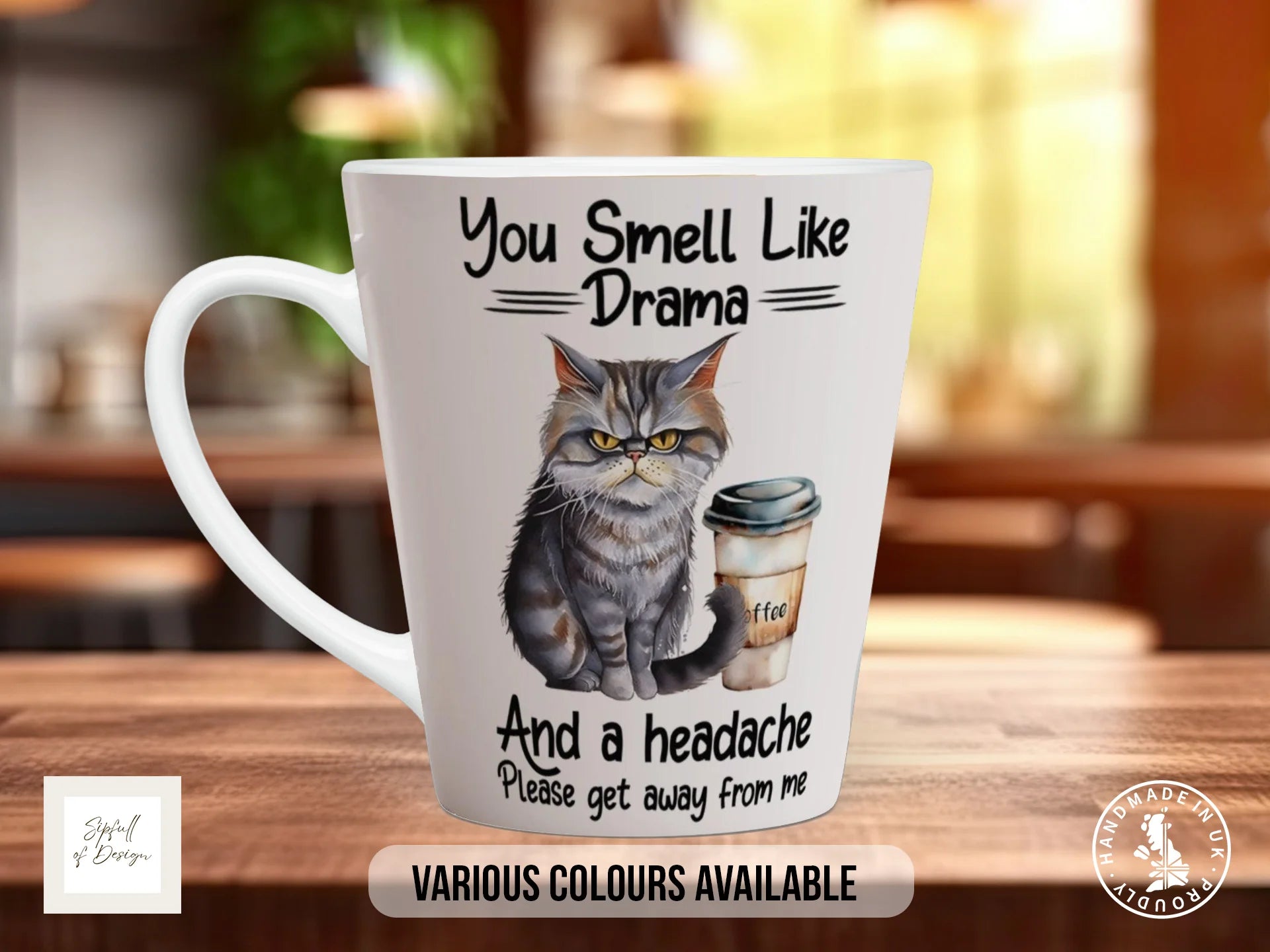 You Smell Like Drama & a Headache Mug | Funny Cat Gift 12oz Latte